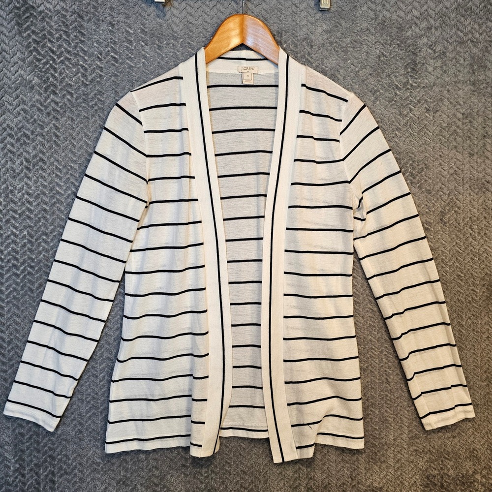 J.Crew Womens Striped Open Front Cardigan Ivory Navy Blue Cotton Blend 29039 S